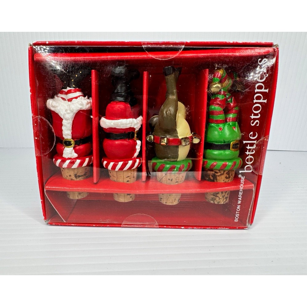 Vintage Boston Warehouse Night B4 Christmas Cork Wine Bottle Stopper Set Santa